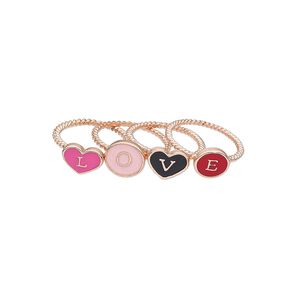 Ring, enamel and copper-finished "pewter" (zinc-based alloy), assorted colors, 8-10mm wide with round and "L," "O," "V" and "E," size 8. Sold per 4-piece set.