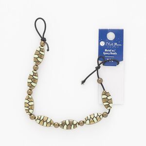 Bead 1pkg7 brass-finished "pewter", 19x10mm-20x10mm flat oval / line, steel / plastic / enamel mixed colors antique