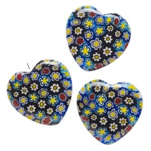 Bead, millefiori glass, translucent multicolored, 24-26mm half-drilled puffed heart with flower design. Sold per pkg of 3.