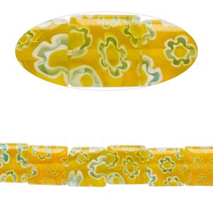 Bead, millefiori glass, translucent orange / blue / white, 7mm-9x8mm puffed square with flower design. Sold per 14-inch strand.