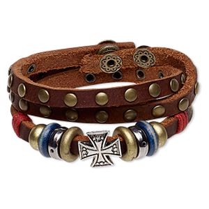 Bracelet, wrap, leather / wood (dyed) / waxed cotton cord / antique brass-coated plastic / antique brass-plated brass / steel / "pewter" (zinc-based alloy), multicolored, 15mm wide with 15mm cross, adjustable at 6 and 6-1/2 inches with snap closure. Sold individually.