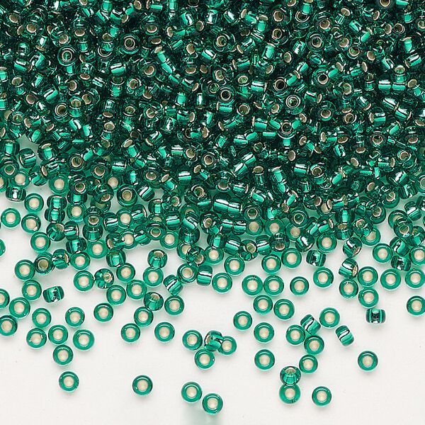 Seed bead, Miyuki, glass, pkg/25g, #11 rocaille, transparent silver-lined emerald green (RR-17). image number 0