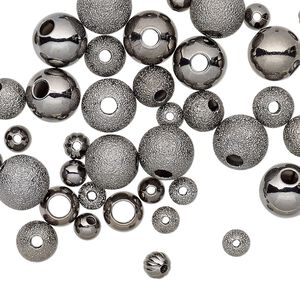 Bead mix 1pkg50 gunmetal-plated, 4-8mm round smooth / corrugated / stardust, brass