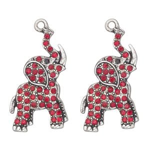 Focal, antique silver-finished "pewter" (zinc-based alloy) and glass, red and black, 30x17mm single-sided elephant. Sold per pkg of 2.
