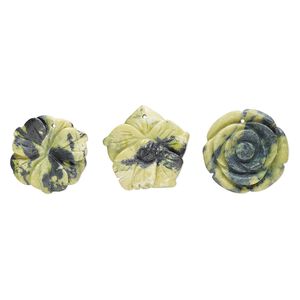 Yellow "turquoise" (serpentine with quartz) 1pkg3, carved flower focal natural mix 30x35mm-37x36mm