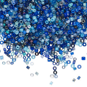 Seed bead mix, glass, 1pkg25g, #15 to #11 round, opaque and translucent multi-blue