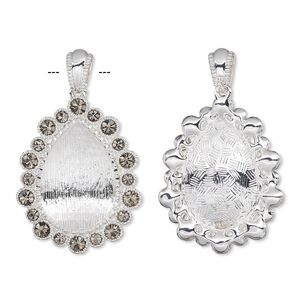 Pendant, Almost Instant Jewelry&reg;, crystals and silver-plated "pewter" (zinc-based alloy), black diamond, 44x35mm teardrop with 30x20mm pear setting. Sold individually.