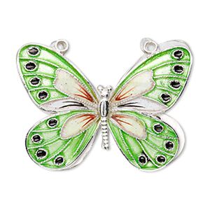 Focal, cloisonn&eacute;, sterling silver and enamel, green and multicolored, 36x27mm butterfly. Sold individually.