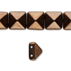 Spacer, Preciosa, Czech pressed glass, opaque antique bronze gold, 11x11x7.5mm 2-strand pyramid, fits up to 5.5mm bead. Sold per 8-inch strand, approximately 15 spacers.