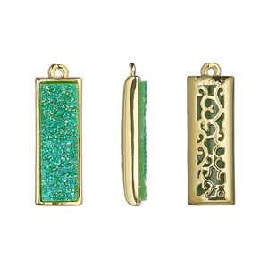 Drop, Druzylite&trade;, "druzy" (resin) and gold-finished brass, green, 21x8mm two-sided rectangle with open filigree back. Sold per pkg of 4.