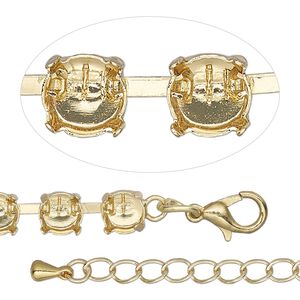 Necklace component, gold-finished brass and steel, 6mm wide cupchain with (41) SS29 settings, 16 inches with 3-inch extender chain and lobster claw clasp. Sold individually.