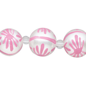 Bead, glass 1pkg8, opaque white and pink, 14mm hand-painted round.