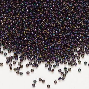 Seed bead, Miyuki, glass, pkg/250g, #15 rocaille, opaque metallic iris dark plum (RR-454).