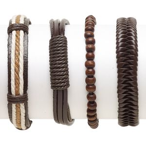 Bracelet mix, Everyday Jewelry, leather (dyed) / faux leather (dyed) / Japanese pagoda wood / waxed cotton cord, brown and white, 5-13.5mm wide, 7-8 inches. Sold per pkg of 4.