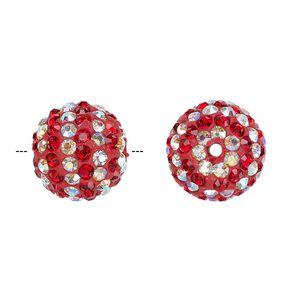 Bead, Egyptian glass rhinestone / epoxy / resin, red and clear AB, 14mm round with pav&eacute; striped design. Sold individually.
