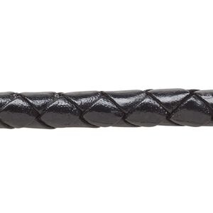Bolo cord, leather (dyed), black, 8-9mm braided round. Sold per 5-foot section.