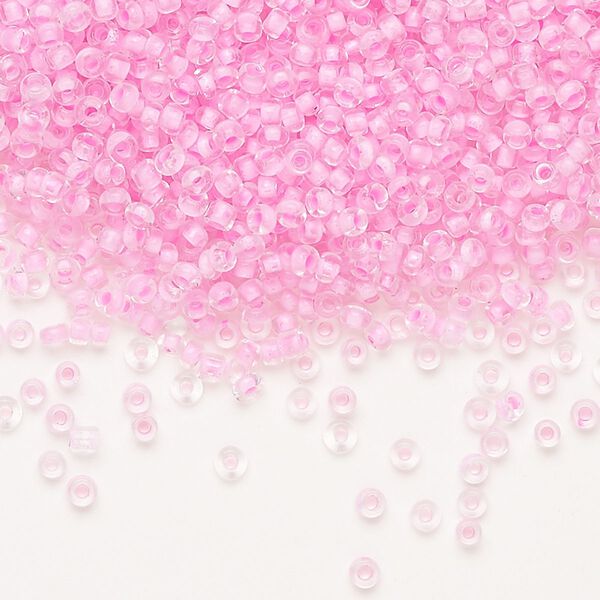 Seed bead, Ming Tree&trade;, glass, pkg/1 pound, #11 round, transparent color-lined pink. image number 0