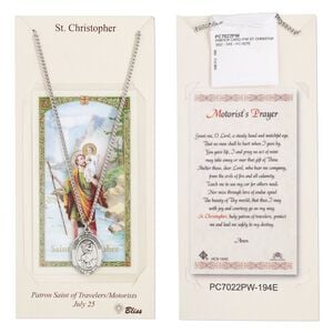 Necklace, stainless steel and Britannia pewter (tin-based alloy), 24x19mm oval with Saint Christopher, 24-inch continuous loop. Sold individually.