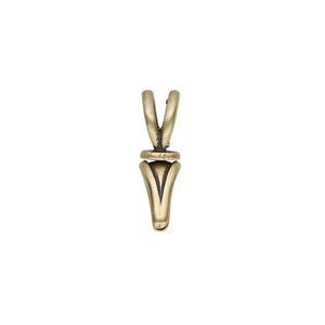 Bail, JBB Findings, ice-pick, antique brass-plated pewter (tin-based alloy), 19x5mm double-sided shield with lines and swivel, 6mm grip length. Sold individually.