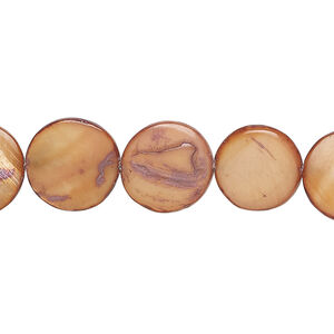 Mother-of-pearl shell 1pkg1, puffed flat round bead 15 inch burnt sienna 12-13mm