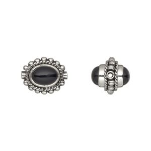 Black onyx / sterling silver 1pkg1, antiqued oval bead 8x6mm setting 13x11mm