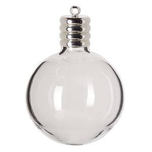 Component, lampworked glass and silver-finished brass, clear, 39x30mm-42x31mm round bottle with cap, 5.5mm hole. Sold individually.