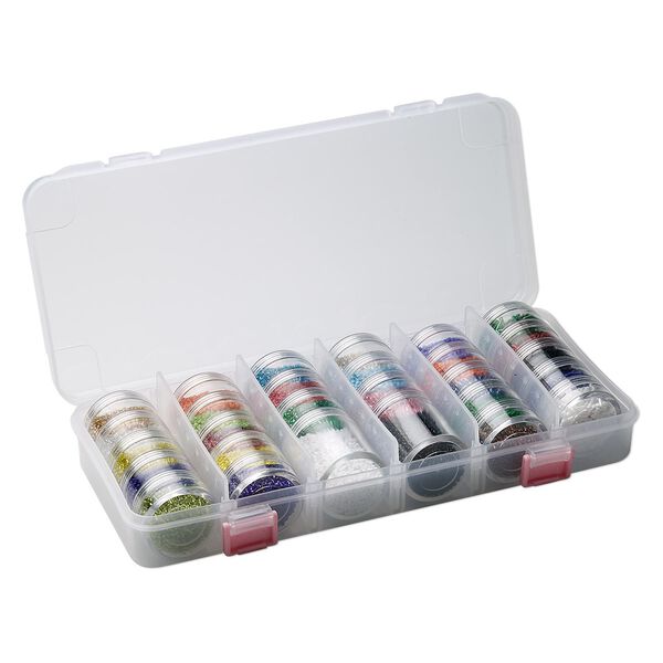 Seed bead starter set 1pkg1, clear plastic case with multicolored beads, 10-3/4 x 5 x 1-3/4 inch rectangle with 28 stackable jars, filled. image number 0