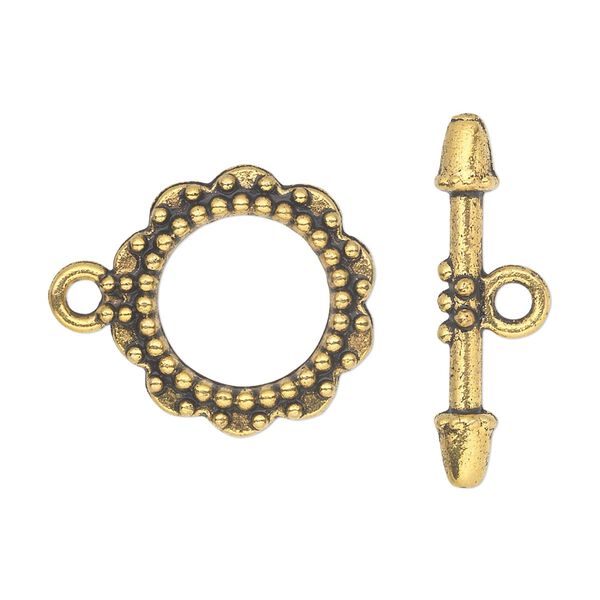 Clasp toggle 1pkg10 "pewter" (zinc alloy), 20mm double-sided round, antique gold-finished 1-strand image number 0