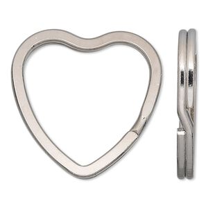 Key ring 1pkg100 nickel-finished, 32x31mm flat heart, 26x24mm inside diameter / steel