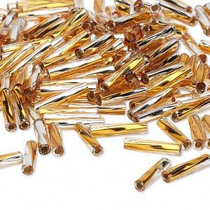 Bead, Miyuki, bugle bead, glass, pkg/50 g, 12x2.7mm center-drilled twisted, silver-lined translucent gold/clear (TW-3932).