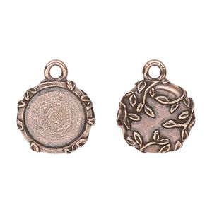 Drop, TierraCast&reg;, antique copper-plated pewter (tin-based alloy), 16mm round with leaf design, 12.5mm cabochon setting. Sold per pkg of 20.