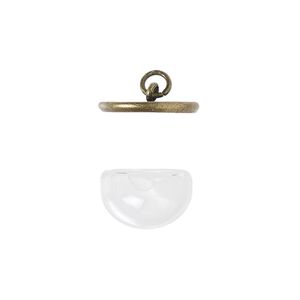 Drop, Keepsafe Keeper&trade;, glass and antique brass-plated "pewter" (zinc-based alloy), clear, 16x10mm with 14x9mm dome and 16x2mm cap. Sold per 2-piece set.