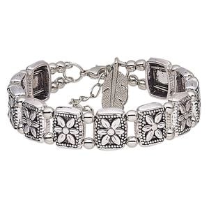 Bracelet, antique silver-plated steel and pewter (tin-based alloy), 14mm wide with rectangle and flower design with feather dangle, 6-1/2 inches with 1-3/4 inch extender chain and lobster claw clasp. Sold individually.