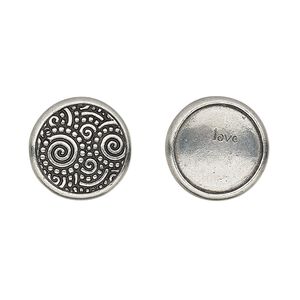 Snap cap, TierraCast&reg;, glue-on, antique pewter (tin-based alloy), 15mm single-sided round with swirl design and "love." Sold per pkg of 2.