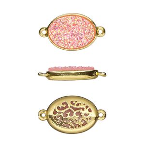 Link, Druzylite&trade;, "druzy" (resin) and gold-finished brass, pink, 15.5x11.5mm two-sided oval with open filigree back. Sold per pkg of 4.