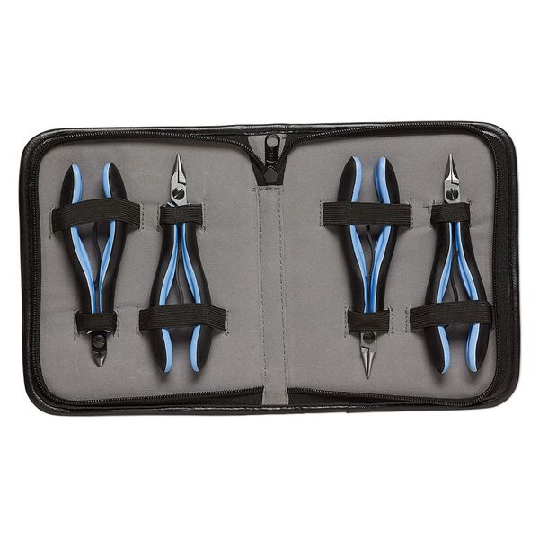 Pliers, Lindstrom&reg; RX series, round-nose / flat-nose / chain-nose / flush-cutter, steel / plastic / rubber, blue and black, 5-1/4 to 5-3/4 inches with case. Sold per 4-piece set. image number 0