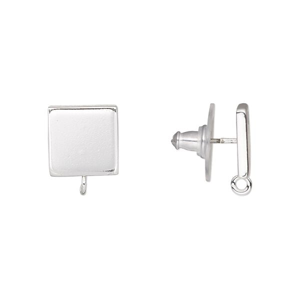 Earstud 1pkg4 silver-plated, 10mm square / open loop / comfort clutch earnuts, stainless steel / steel 2 pair image number 0
