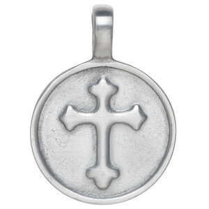 Pendant 1pkg1 "pewter" (zinc alloy), 43x31mm 1sided round with cross design.