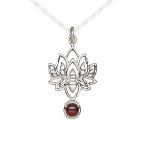Drop 1pkg1, antiqued sterling silver and garnet (natural), 2.5x14.5mm lotus