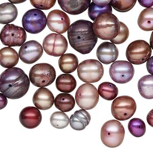 Pearl mix, cultured freshwater pearl (dyed), multi-purple, 4mm-14x12mm semi-round, Mohs hardness 2-1/2 to 4. Sold per 2-ounce pkg, approximately 80 beads.