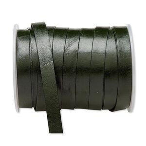 Cord, leather, green, 12mm flat. Sold per 25-yard spool.