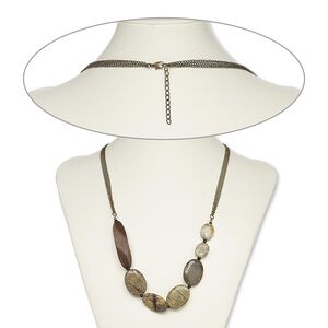 Necklace, Crazy Horse&trade; stone (coated) / acrylic / stained wood / antique brass-plated steel, 25 inches with 2-inch extender chain and lobster claw clasp. Sold individually.