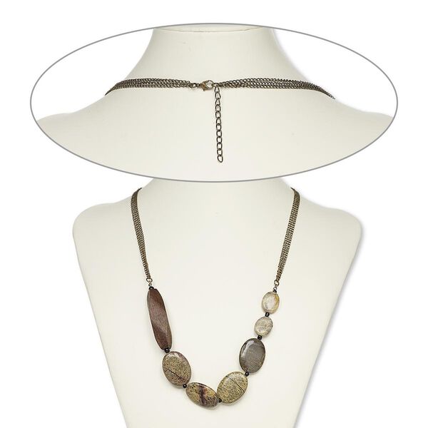 Necklace, Crazy Horse&trade; stone (coated) / acrylic / stained wood / antique brass-plated steel, 25 inches with 2-inch extender chain and lobster claw clasp. Sold individually. image number 0
