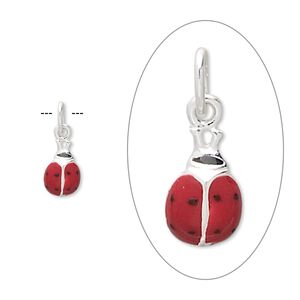 Charm, sterling silver with enamel, red, 7x5mm ladybug. Sold per pkg of 6.