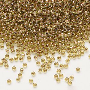 Seed bead, Miyuki, glass, pkg/25g, #11 rocaille, opaque copper pearl-lined chartreuse, (RR-3805).