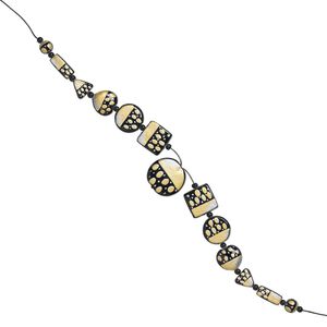 Bead set, glass and waxed cotton cord, gold / black / silver, (1) 35mm round, (2) 25x25mm square, (2) 25mm flat round, (2) 22x21mm puffed heart, (2) 18x18x17mm triangle, (2) 24x10mm rectangle, (2) 12mm round, (12) 5-6mm spacers, double-sided, 16-inches. Sold per 13-piece set.