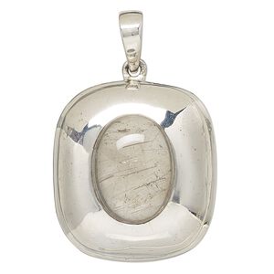 Pendant, golden rutilated quartz (natural) and sterling silver, 33x30mm rectangle. Sold individually.