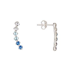 Earstud, Create Compliments&reg;, sterling silver and glass rhinestone, clear / light blue / blue, 17x5mm left- and right-facing curve. Sold per pair.