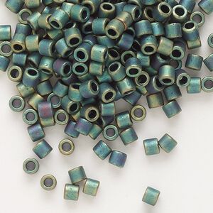 Seed bead, Delica&reg;, glass, pkg/250g, #8 round, opaque matte metallic iris green patina (DBL-0324).