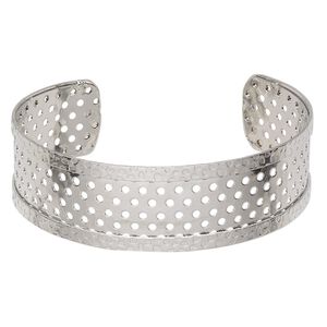 Bracelet, cuff, rhodium-finished steel, 18-19mm wide with cutout design and 155 holes, adjustable from 7 to 7-1/2 inches. Sold individually.